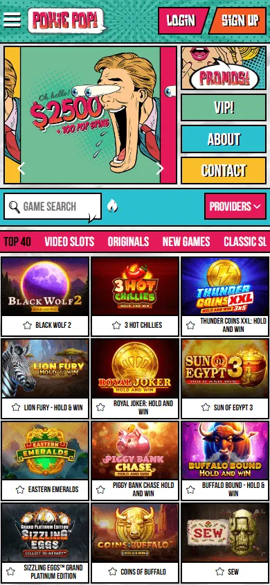 Pokie Pop Casino mobile home with access to casino games
