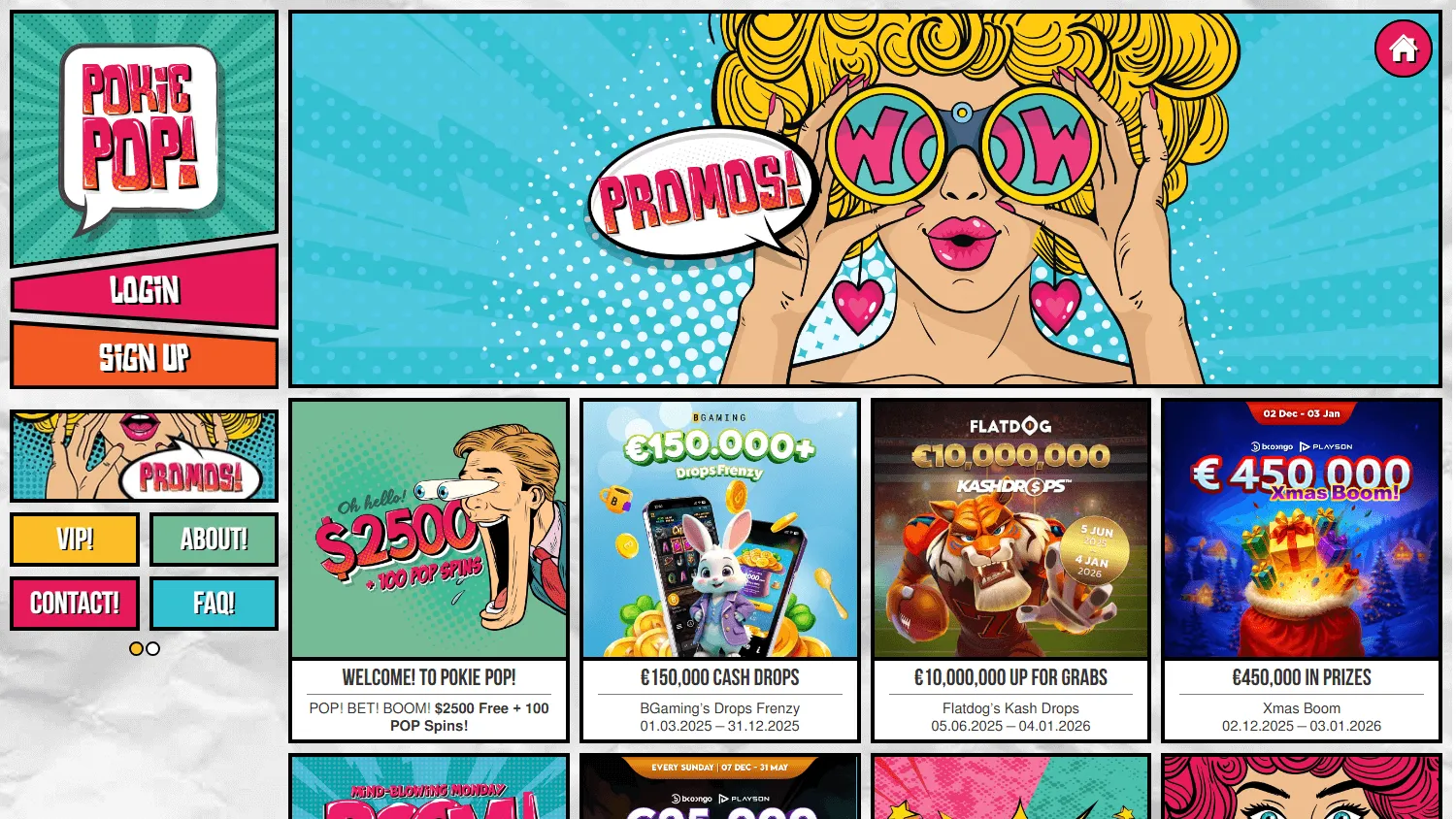 Pokie Pop Casino desktop promotions showing welcome bonuses and rewards