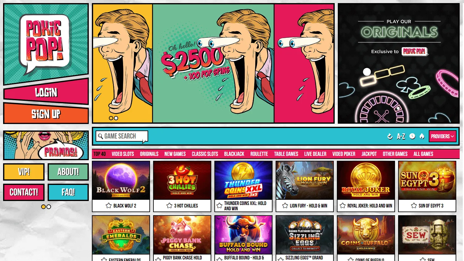 Pokie Pop Casino desktop home with casino games and welcome offer